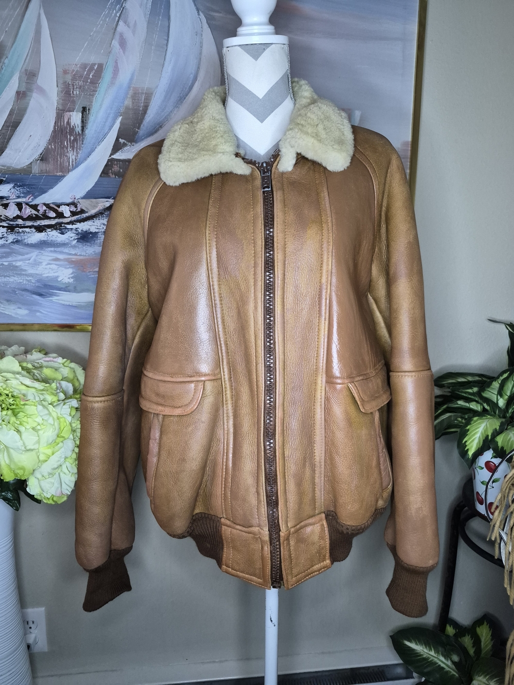 Vintage Mens Brown Leather Bomber Jacket with Shearling Collar